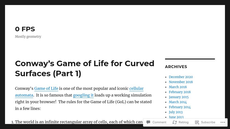 Screenshot of 0fps.net: Conway's Game of Life for curved surfaces (2012)