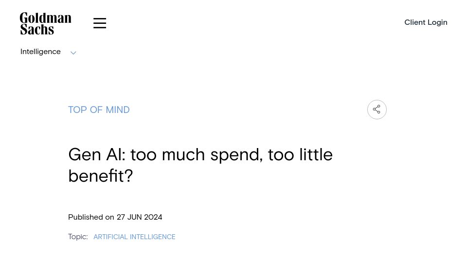 Screenshot of goldmansachs.com: Gen AI: too much spend, too little benefit?