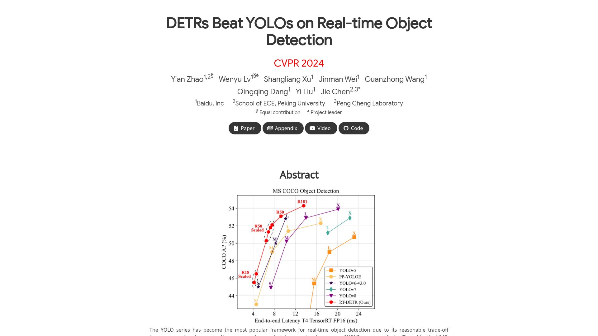 Screenshot of zhao-yian.github.io: DETRs Beat YOLOs on Real-Time Object Detection