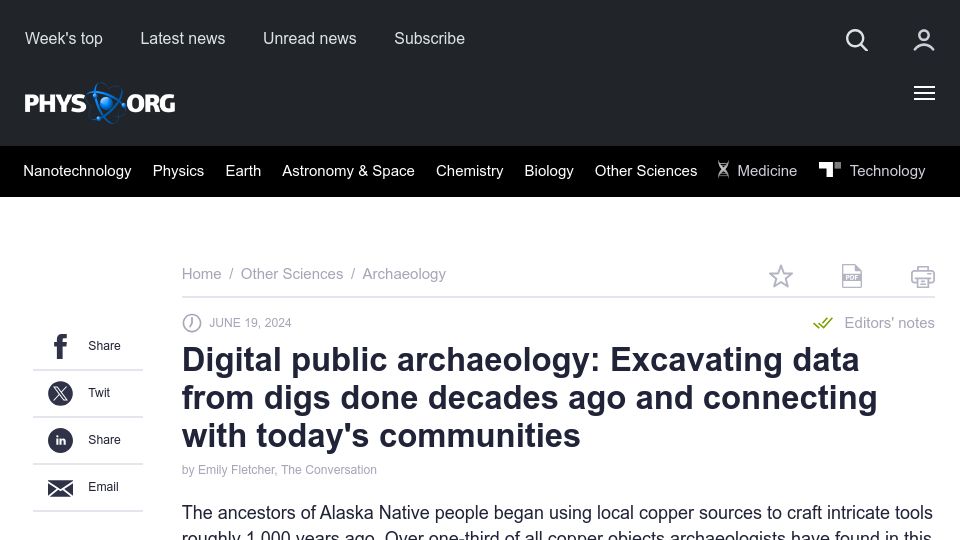 Screenshot of phys.org: Digital public archaeology: Excavating data from digs done decades ago