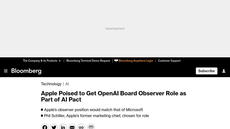 Screenshot of bloomberg.com: Apple poised to get OpenAI board observer role as part of AI pact
