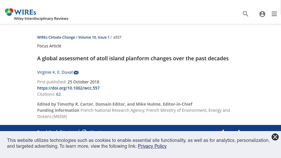 Screenshot of wires.onlinelibrary.wiley.com: Atoll islands show no widespread physical destabilization from sea-level rise (2018)