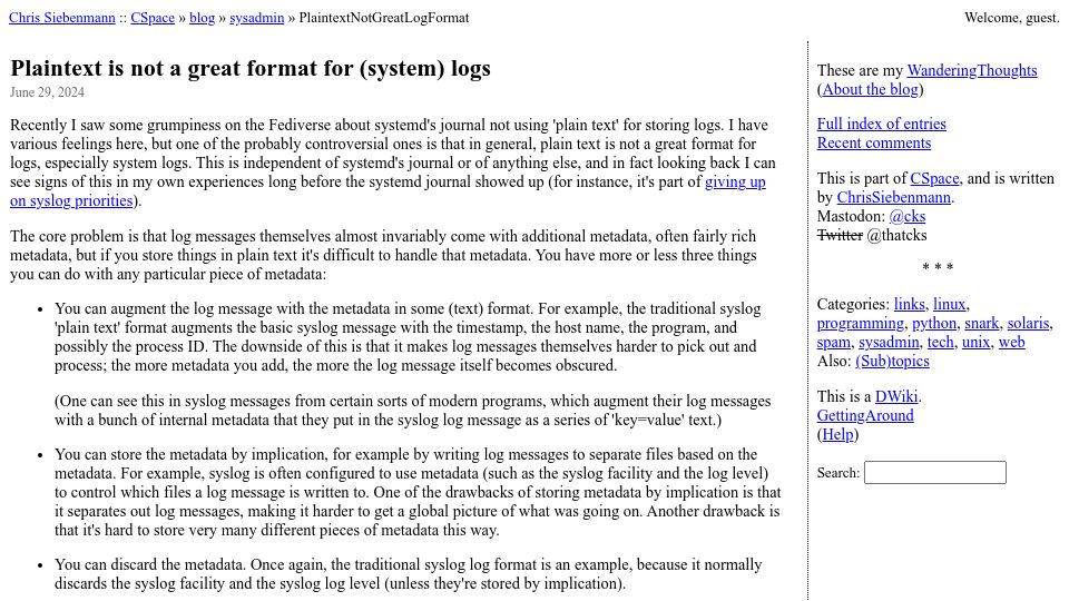 Screenshot of utcc.utoronto.ca: Plaintext is not a great format for (system) logs