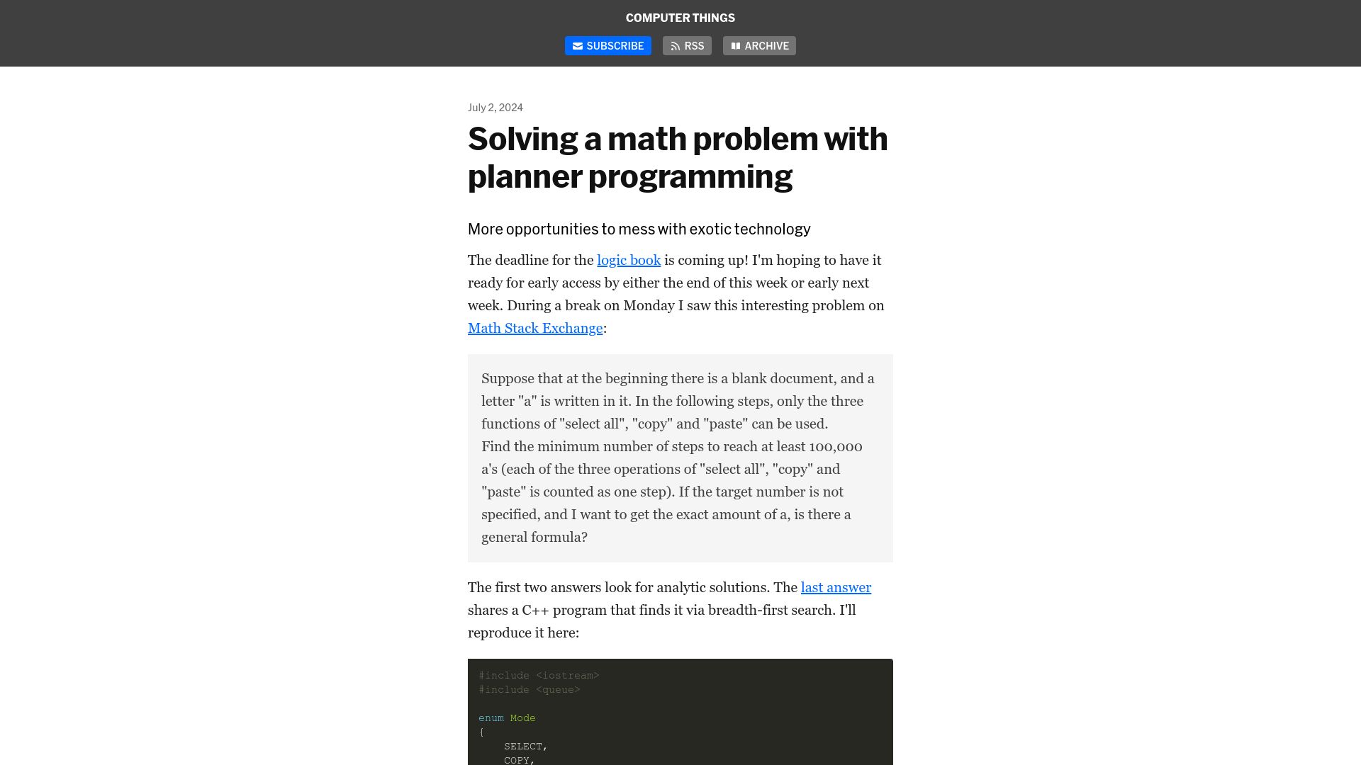 Screenshot of buttondown.email: Solving a math problem with planner programming