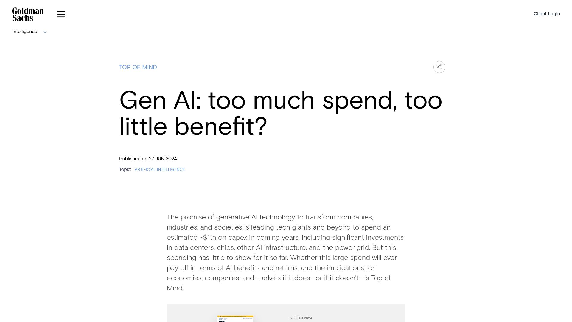 Screenshot of goldmansachs.com: Gen AI: too much spend, too little benefit?