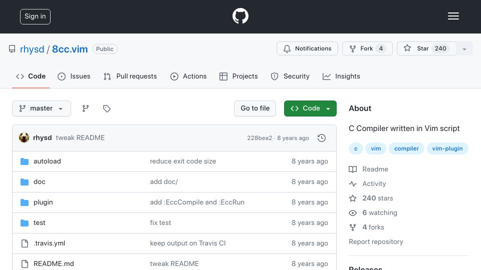Screenshot of github.com: 8cc.vim: Pure Vim script C Compiler