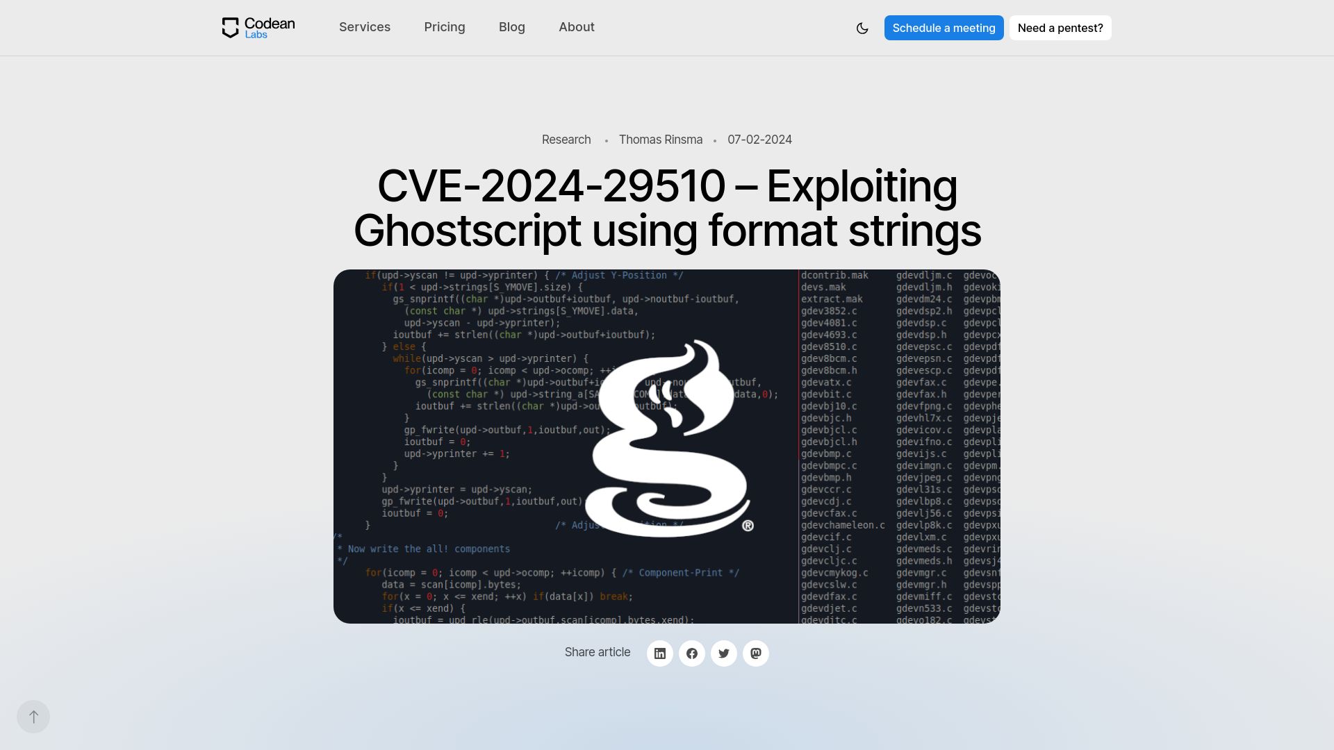 Screenshot of codeanlabs.com: CVE-2024-29510 – Exploiting Ghostscript using format strings