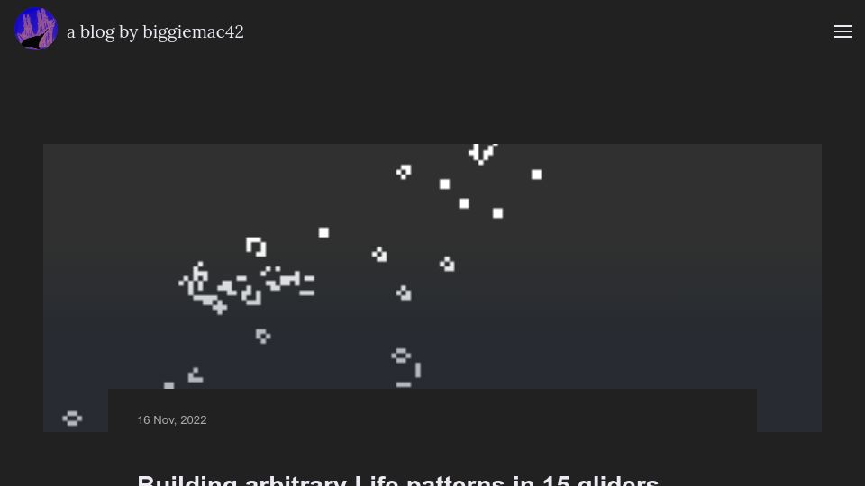 Screenshot of btm.qva.mybluehost.me: Any Game of Life pattern can be constructed from just 15 gliders