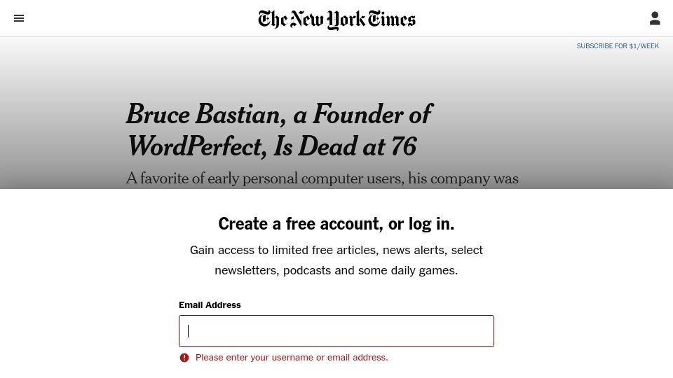 Screenshot of nytimes.com: Bruce Bastian, a Founder of WordPerfect, Is Dead at 76
