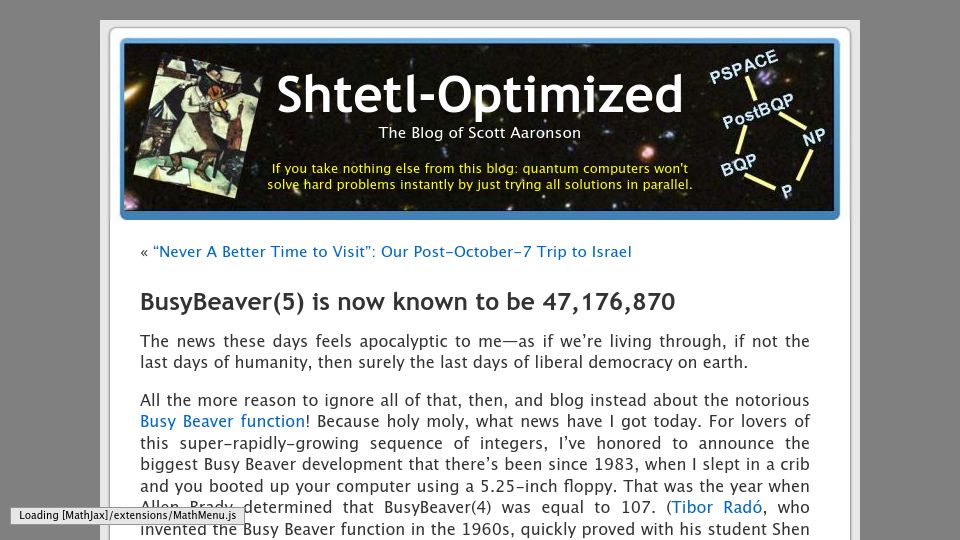 Screenshot of scottaaronson.blog: BusyBeaver(5) is now known to be 47,176,870