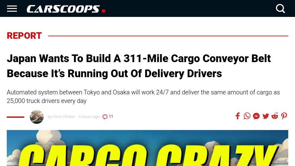Screenshot of carscoops.com: Japan wants to build a cargo conveyor belt because it’s running out of drivers
