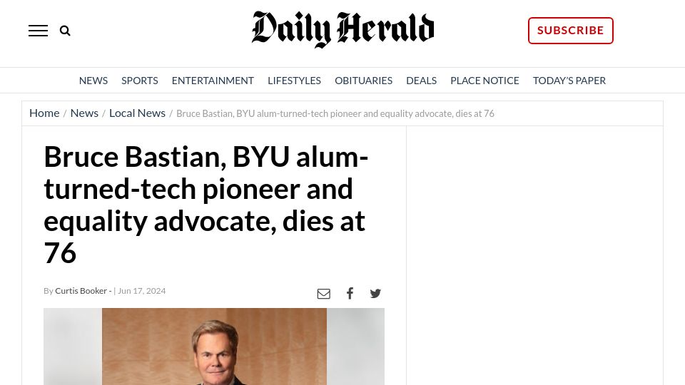 Screenshot of heraldextra.com: Bruce Bastian, WordPerfect co-creator, has died
