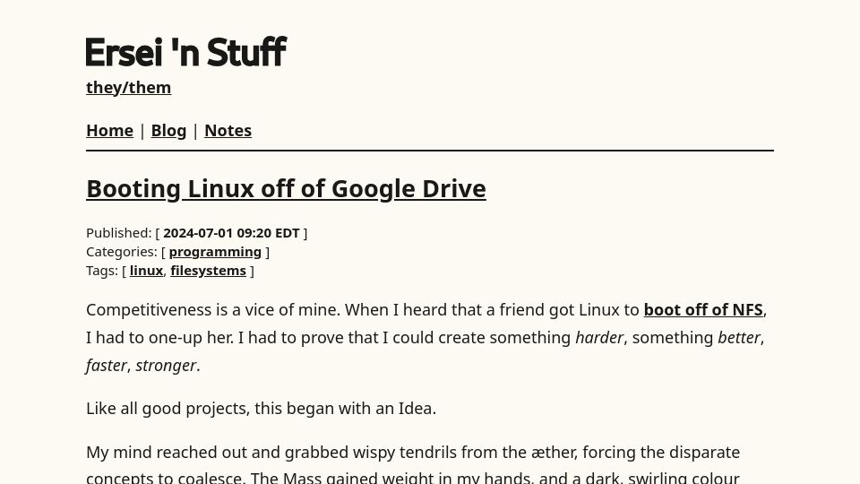 Screenshot of ersei.net: Booting Linux off of Google Drive