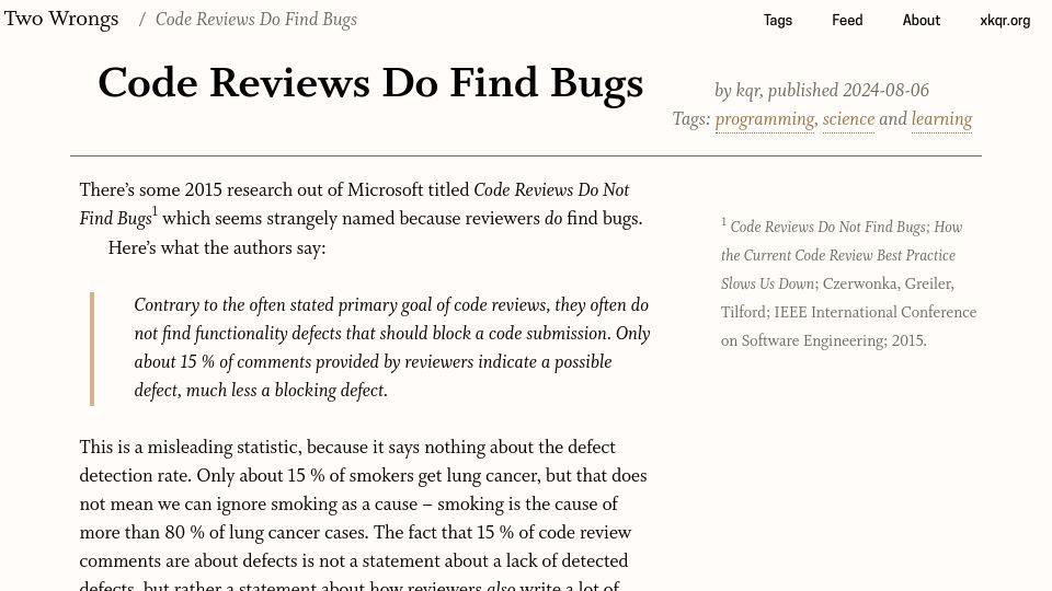 Screenshot of two-wrongs.com: Code reviews do find bugs