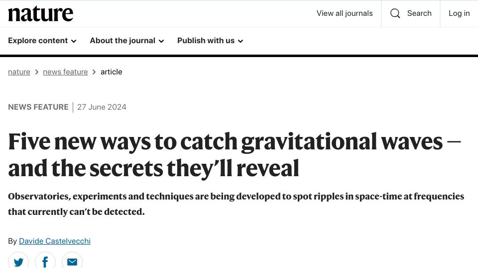Screenshot of nature.com: Five new ways to catch gravitational waves – and the secrets they'll reveal