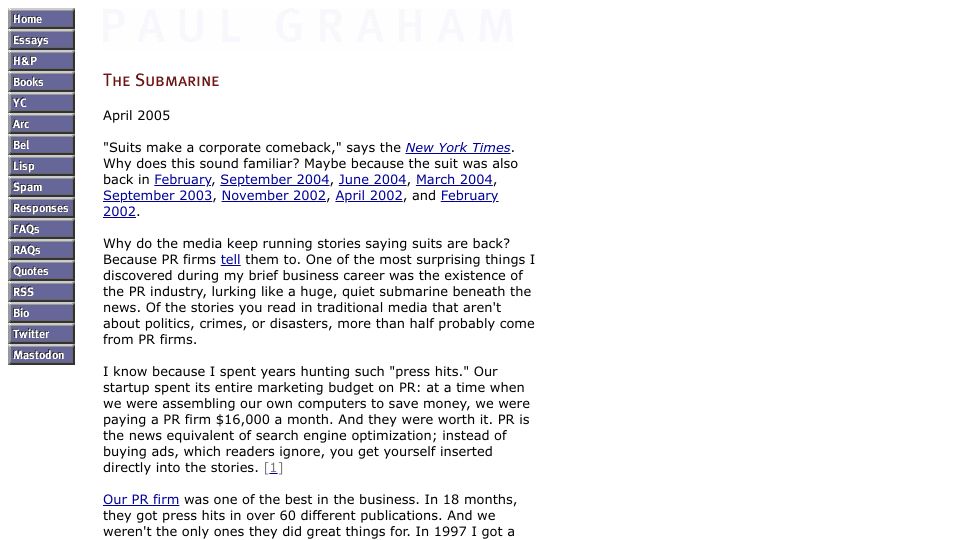 Screenshot of paulgraham.com: The Submarine (2005)