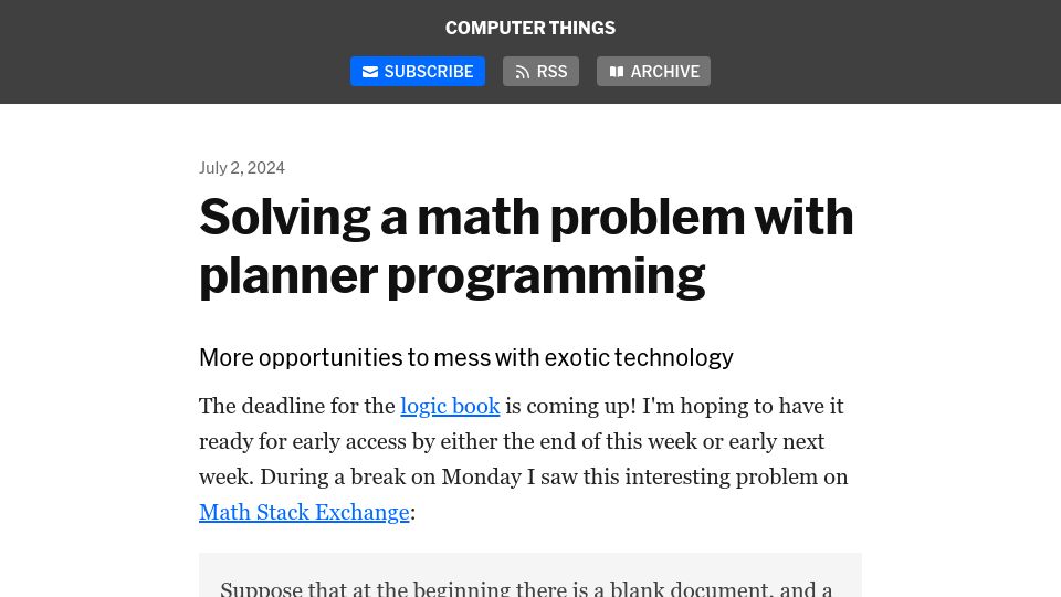 Screenshot of buttondown.email: Solving a math problem with planner programming
