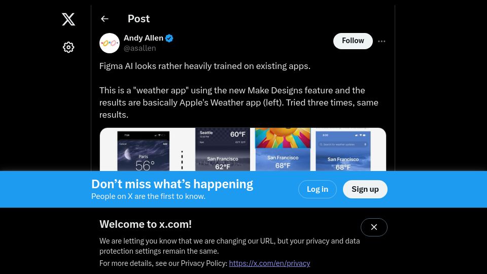 Screenshot of twitter.com: Figma AI looks rather trained on existing apps