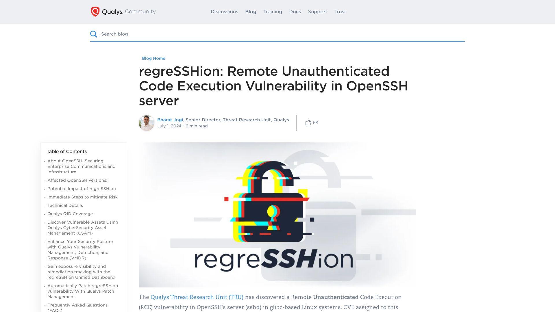 Screenshot of blog.qualys.com: Remote Unauthenticated Code Execution in OpenSSH Server