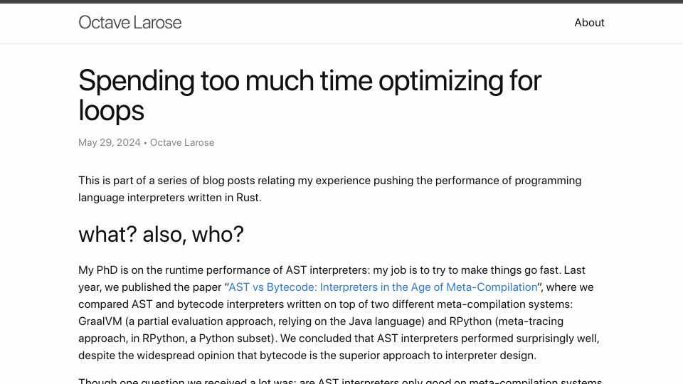 Screenshot of octavelarose.github.io: Spending too much time optimizing for loops