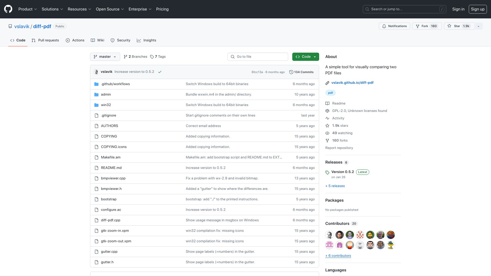 Screenshot of github.com: Diff-pdf: tool to visually compare two PDFs