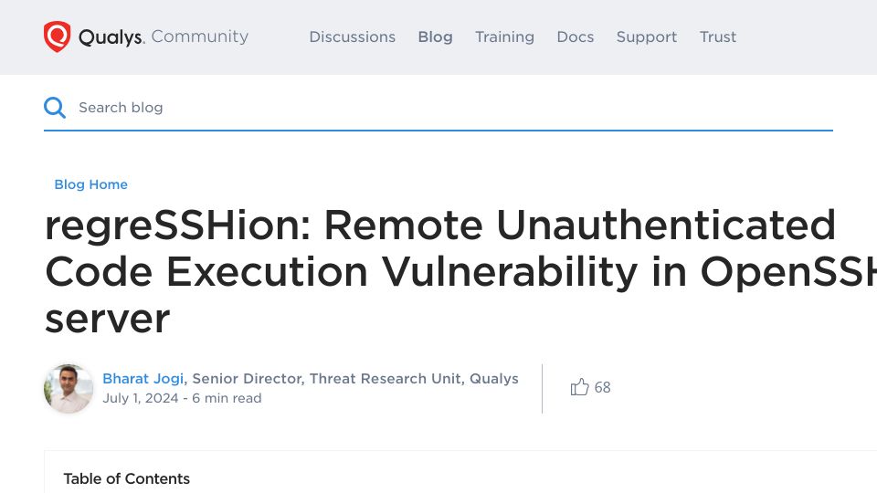 Screenshot of blog.qualys.com: Remote Unauthenticated Code Execution in OpenSSH Server