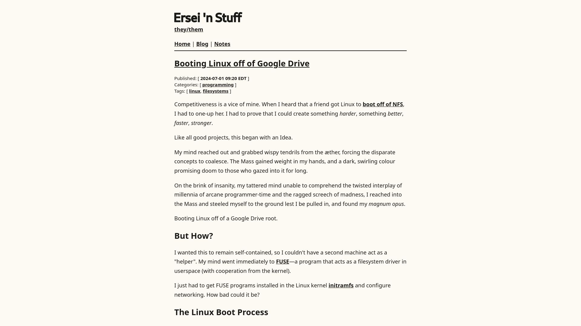 Screenshot of ersei.net: Booting Linux off of Google Drive