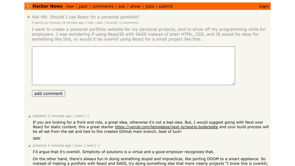 Screenshot of Hacker News post: Ask HN: Should I use React for a personal portfolio?