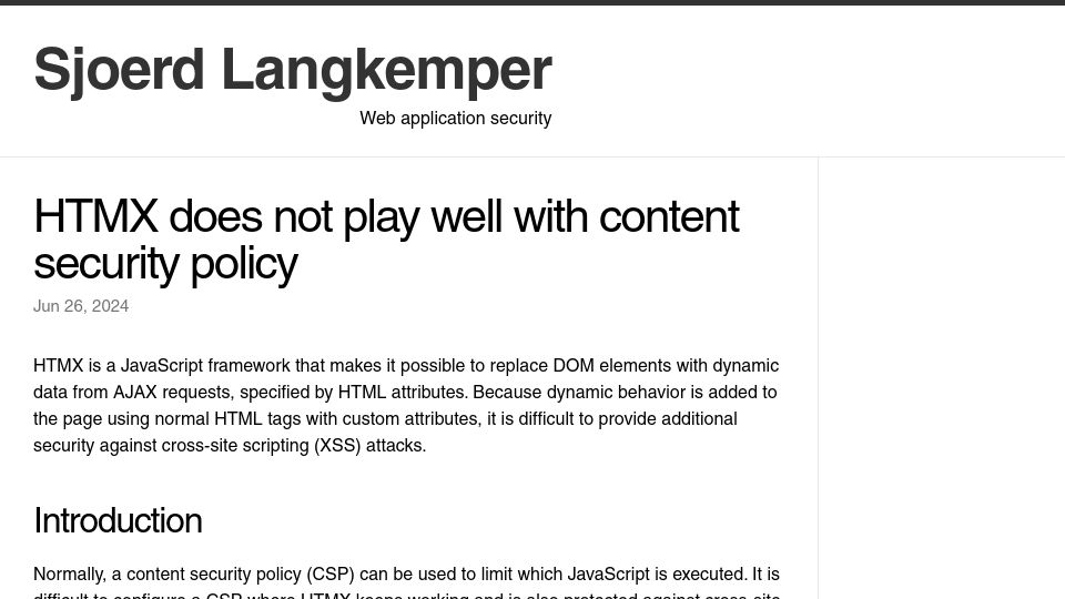 Screenshot of sjoerdlangkemper.nl: Htmx does not play well with content security policy