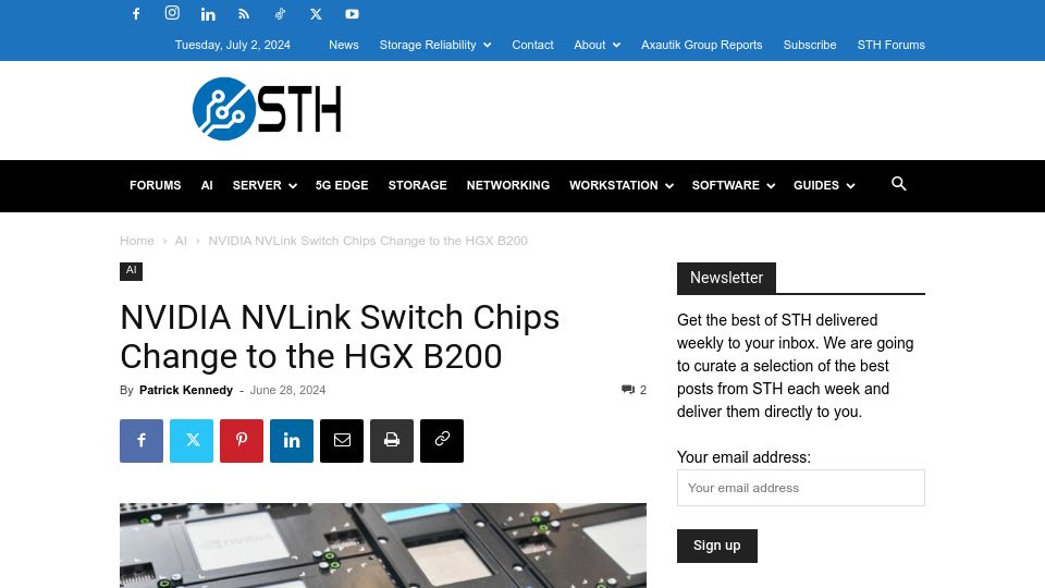 Screenshot of servethehome.com: Nvidia NVLink Switch Chips Change to the HGX B200