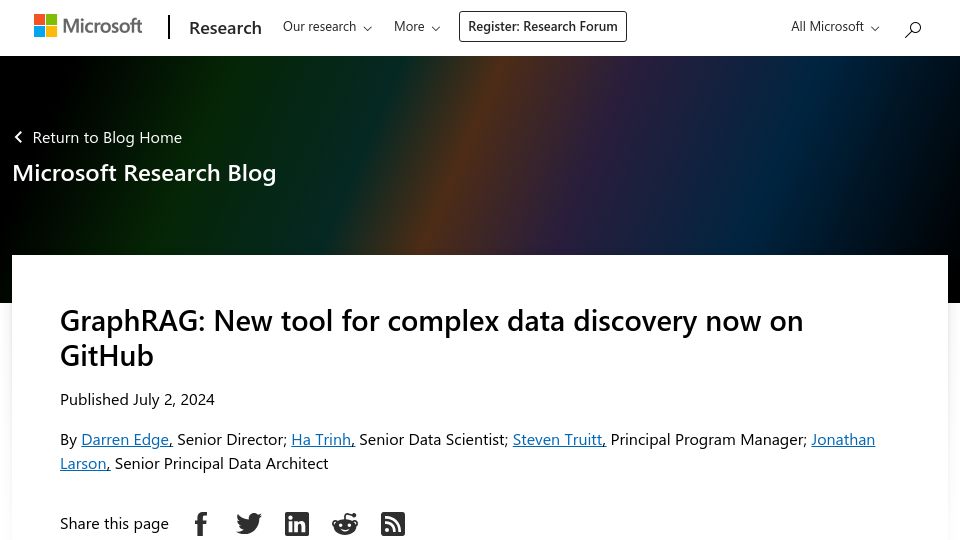 Screenshot of microsoft.com: GraphRAG is now on GitHub