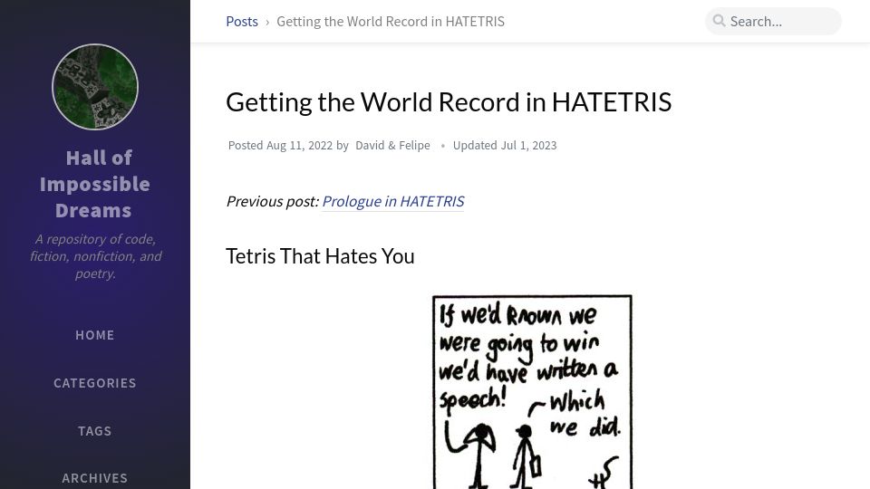 Screenshot of hallofdreams.org: Getting the World Record in Hatetris (2022)
