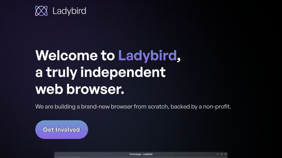 Screenshot of ladybird.org: Welcome to Ladybird, a truly independent web browser