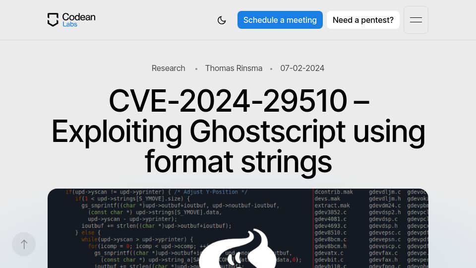 Screenshot of codeanlabs.com: CVE-2024-29510 – Exploiting Ghostscript using format strings