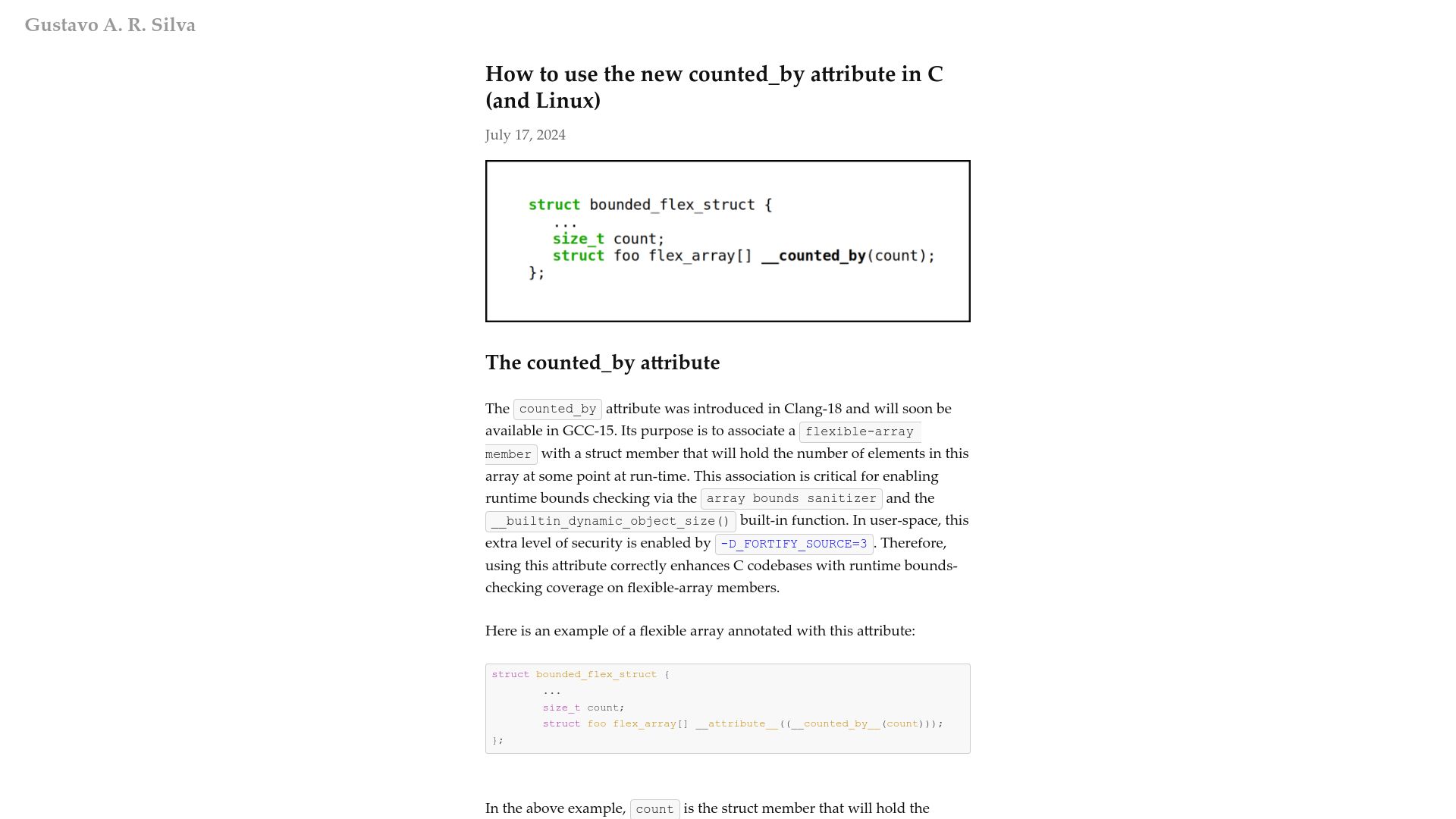 Screenshot of people.kernel.org: How to use the new counted_by attribute in C (and Linux)