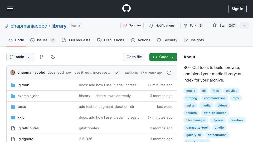 Screenshot of github.com: CLI tools to build, browse, and blend your media library