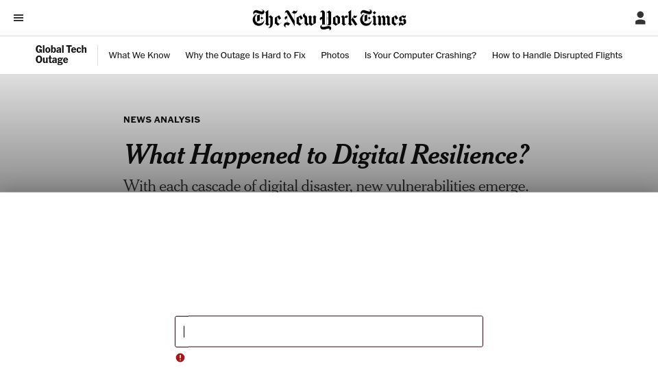 Screenshot of nytimes.com: CrowdStrike debacle provides road map of American vulnerabilities to adversaries