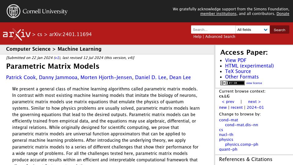 Screenshot of arxiv.org: Parametric Matrix Models