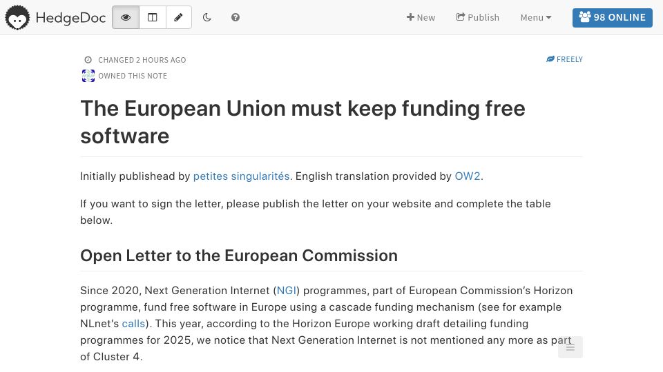 Screenshot of pad.public.cat: The European Union must keep funding free software