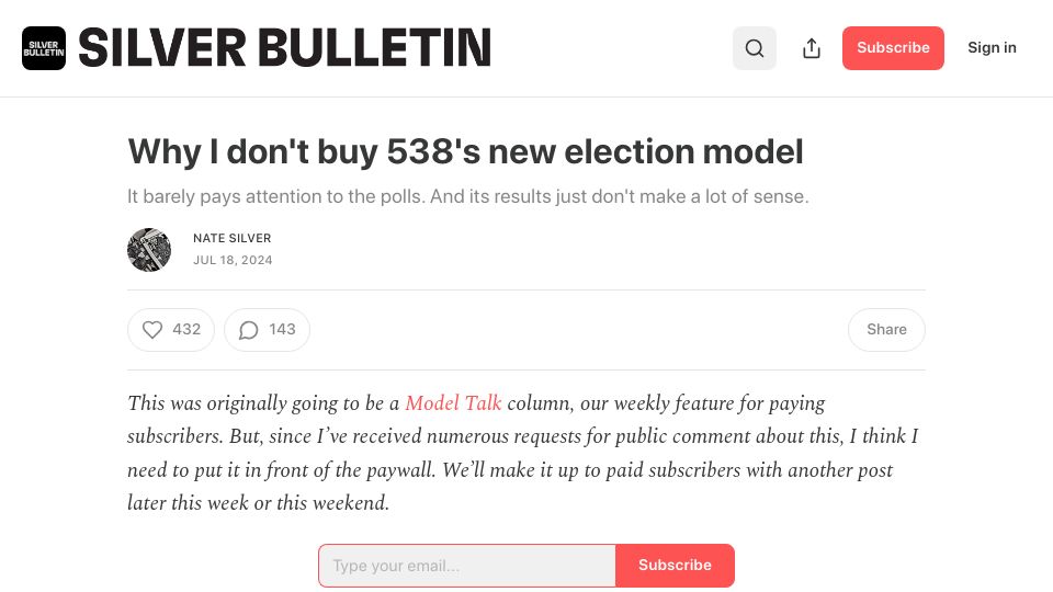 Screenshot of natesilver.net: I don't buy 538's new election model