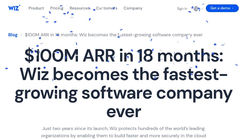 Screenshot of wiz.io: Wiz becomes the fastest-growing software company ever (2022)