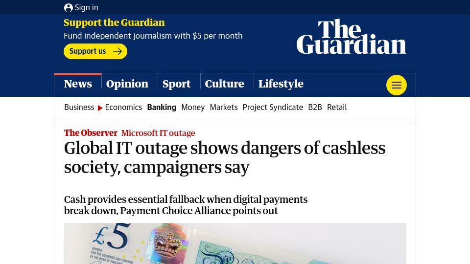 Screenshot of theguardian.com: Global IT outage shows dangers of cashless society, campaigners say
