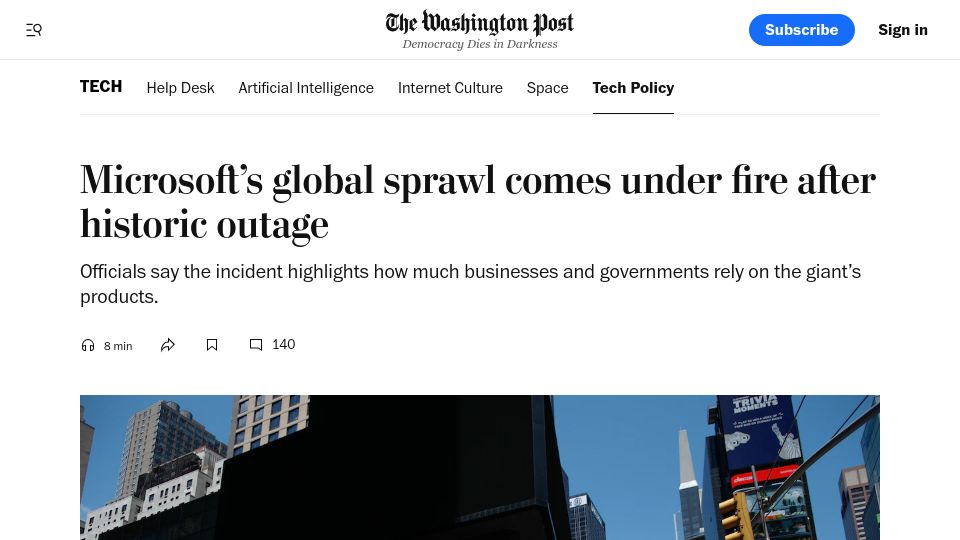 Screenshot of washingtonpost.com: Microsoft's global sprawl under fire from regulators after Windows outage