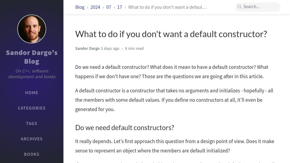 Screenshot of sandordargo.com: What to do if you don't want a default constructor?