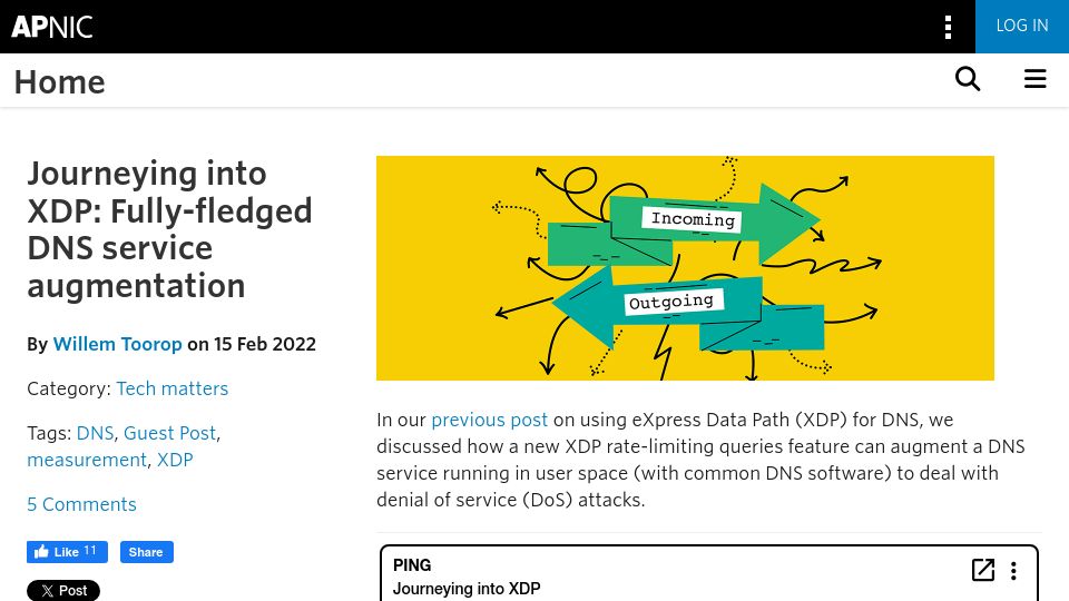 Screenshot of blog.apnic.net: Journeying into XDP: Fully-fledged DNS service augmentation (2022)