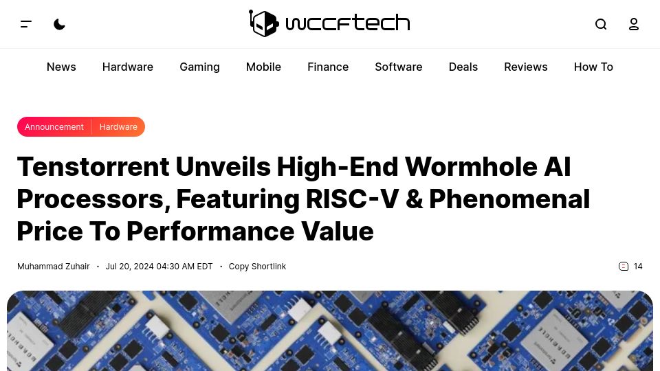 Screenshot of wccftech.com: Tenstorrent Unveils High-End Wormhole AI Processors, Featuring RISC-V