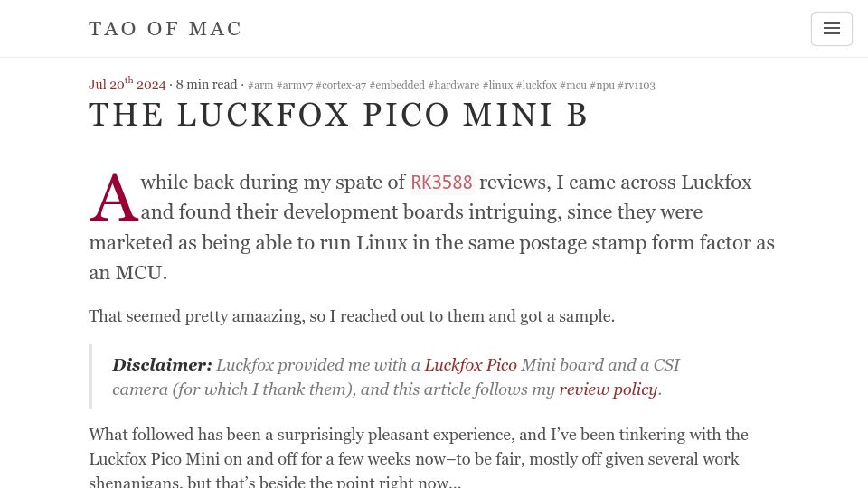 Screenshot of taoofmac.com: The Luckfox Pico Mini B – Linux in a Thumbnail