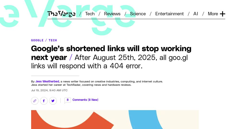 Screenshot of theverge.com: Google's shortened links will stop working next year
