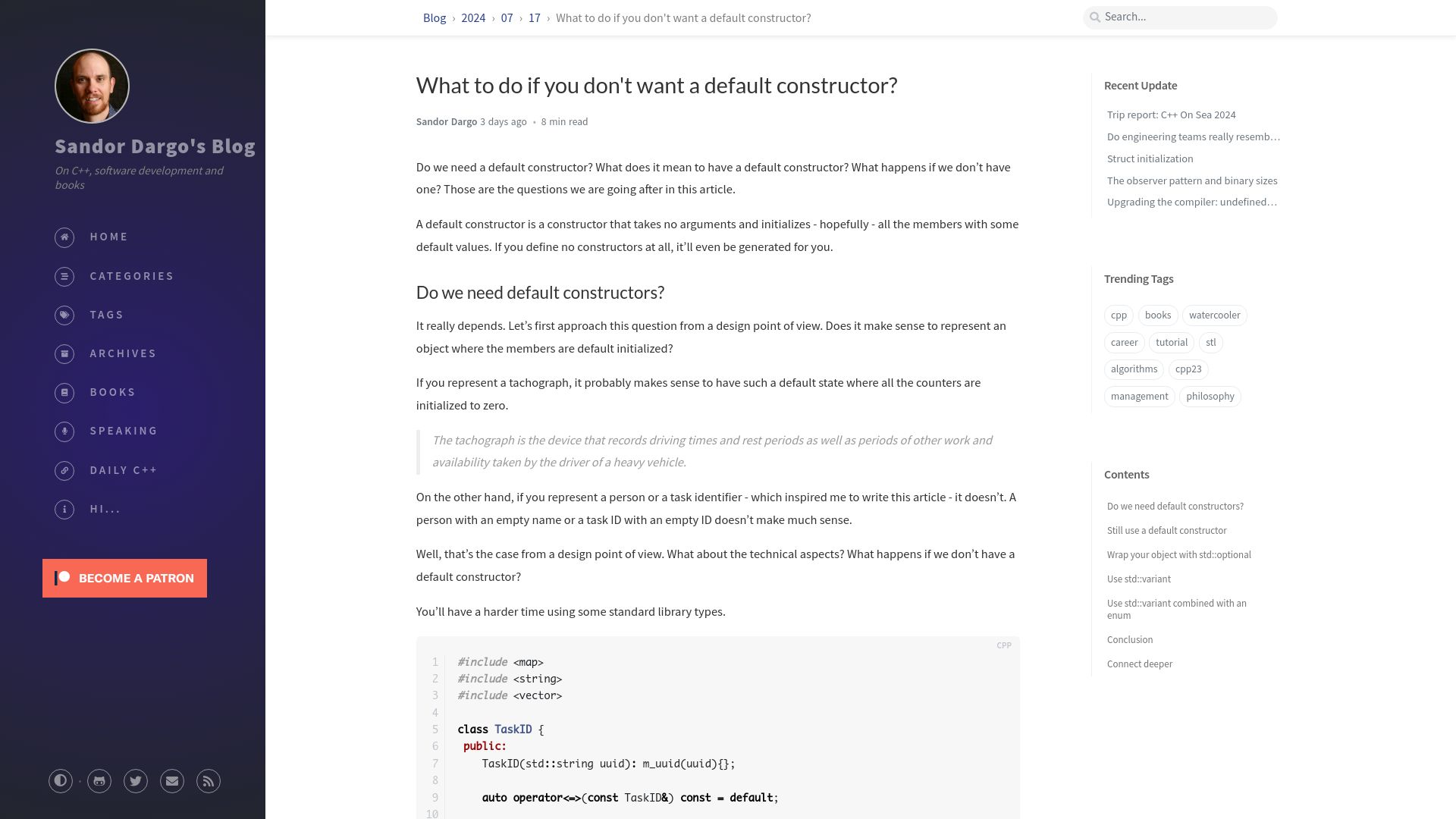 Screenshot of sandordargo.com: What to do if you don't want a default constructor?