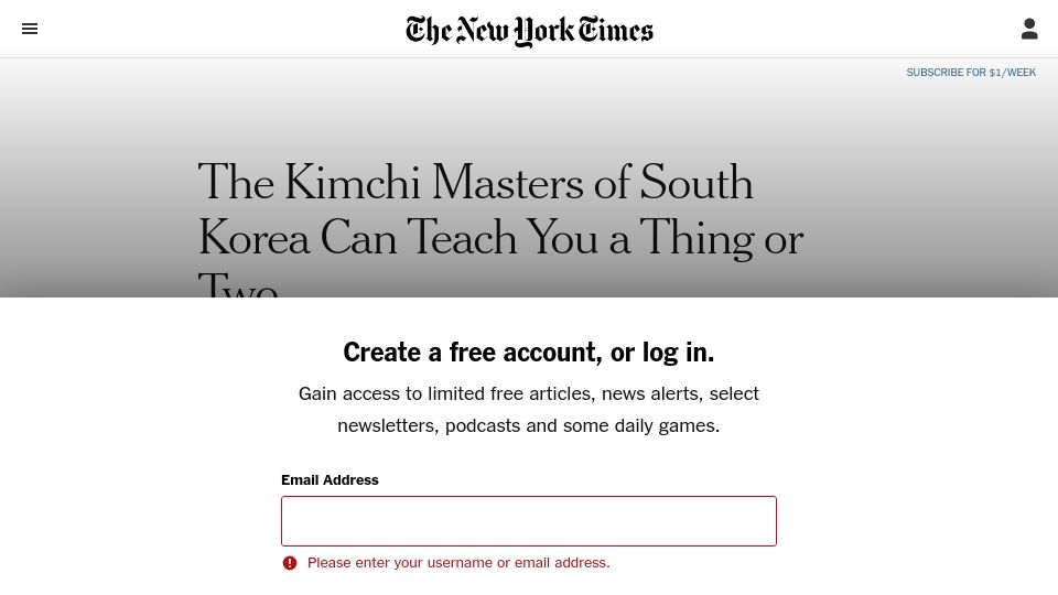 Screenshot of nytimes.com: The Kimchi Masters of South Korea